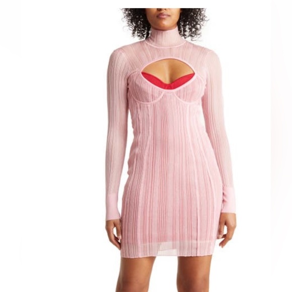 Herve Ledger Pink & Red Layered Sheer Ribbed Bandage Bodycon Tight Dress Small - Picture 1 of 9